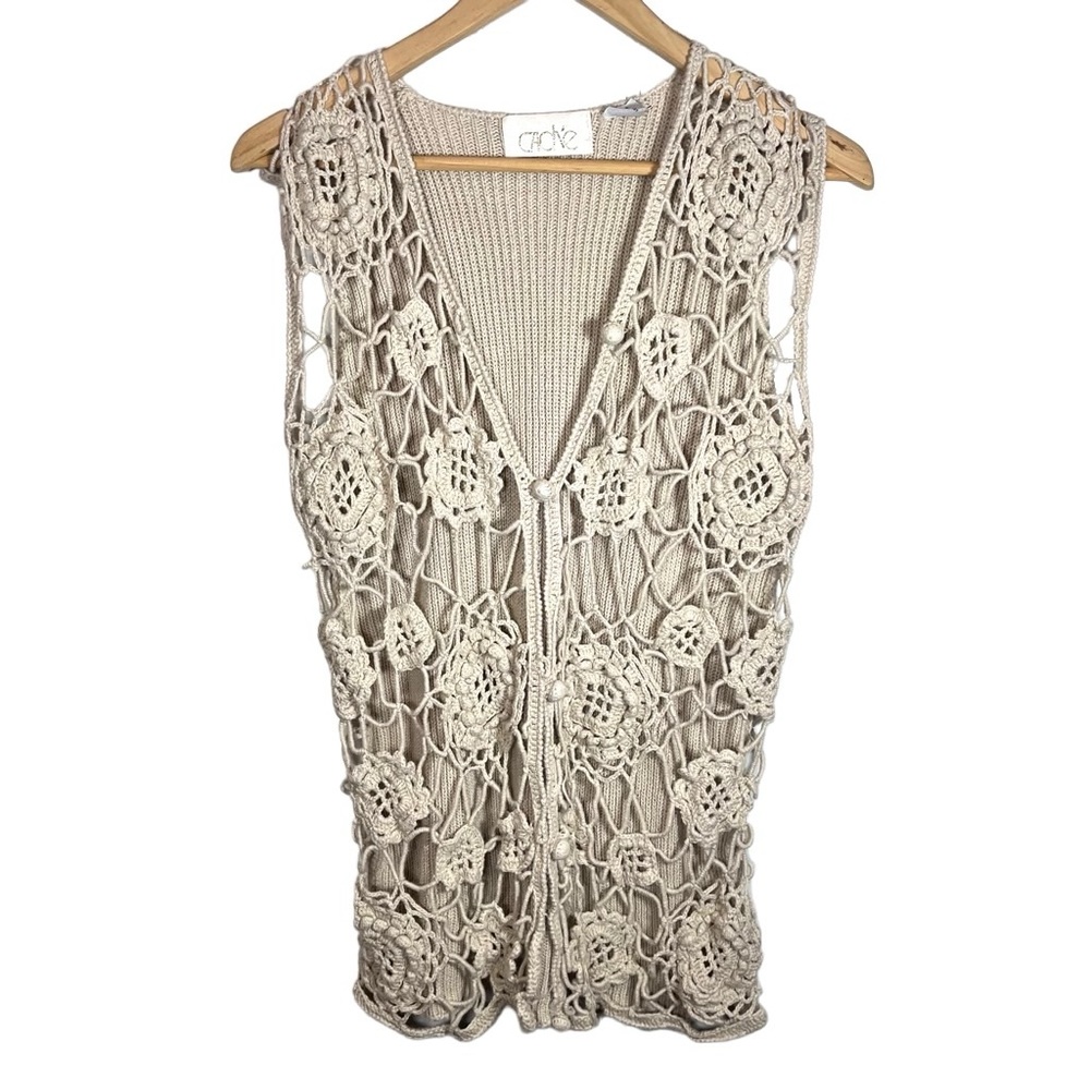 Vintage Caché Bohemian Hippie Crochet Cream Beige Button Up Vest Size Small